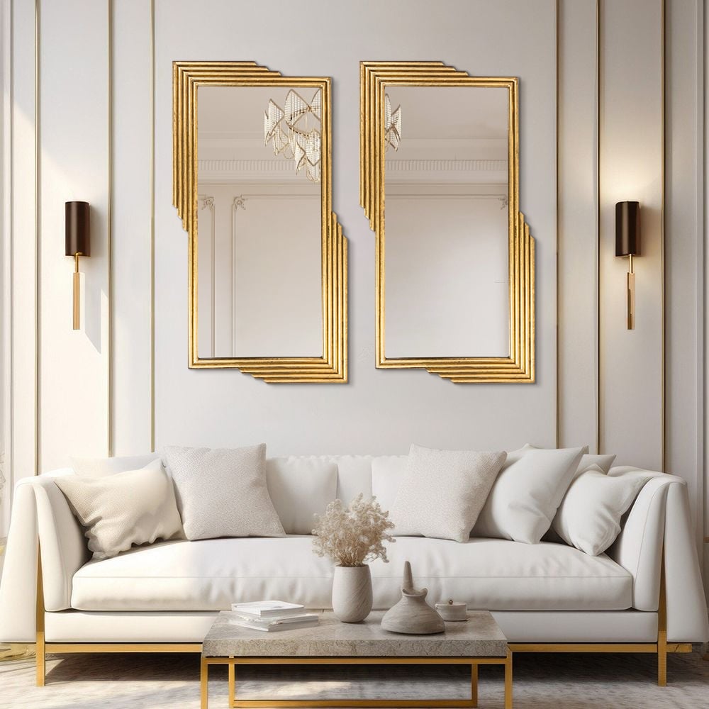 HMR - Modern Gold Metal Geometric Wall Decorative Mirror Entrance Rectangular Dressing Mirror