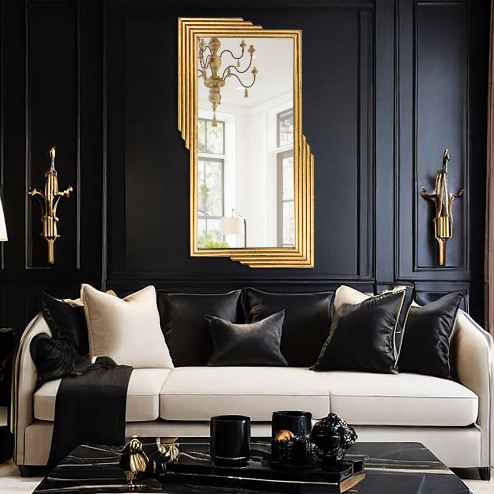 HMR - Modern Gold Metal Geometric Wall Decorative Mirror Entrance Rectangular Dressing Mirror