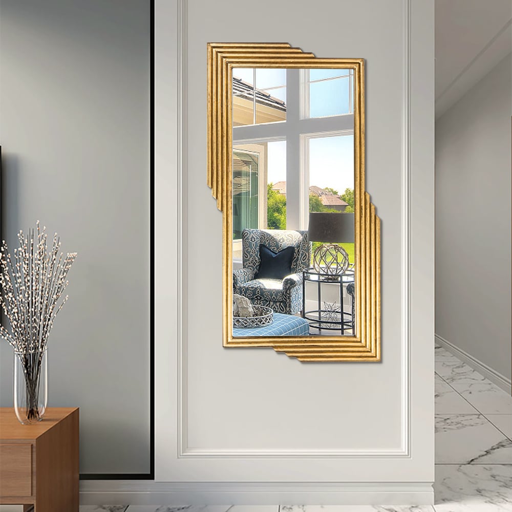 HMR - Modern Gold Metal Geometric Wall Decorative Mirror Entrance Rectangular Dressing Mirror