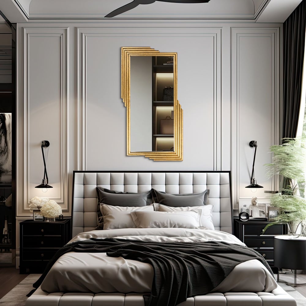 HMR - Modern Gold Metal Geometric Wall Decorative Mirror Entrance Rectangular Dressing Mirror