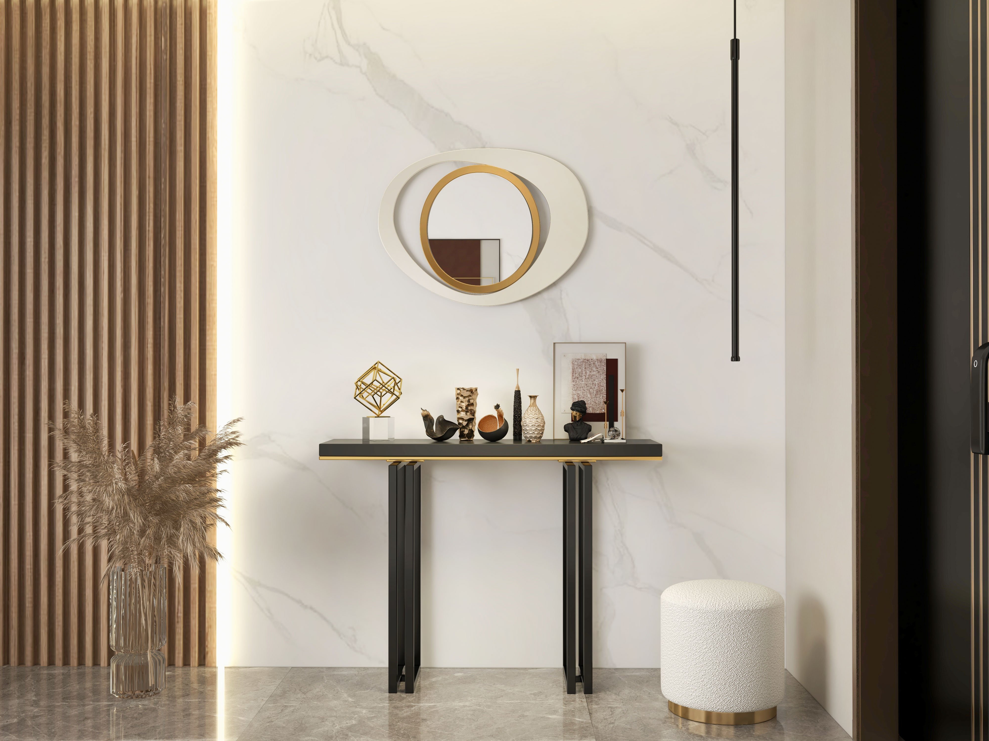 HMR Modern White & Gold Abstract Geometry Wall Mirror Decor Living Room Bedroom - White & Gold, 18" x 24"