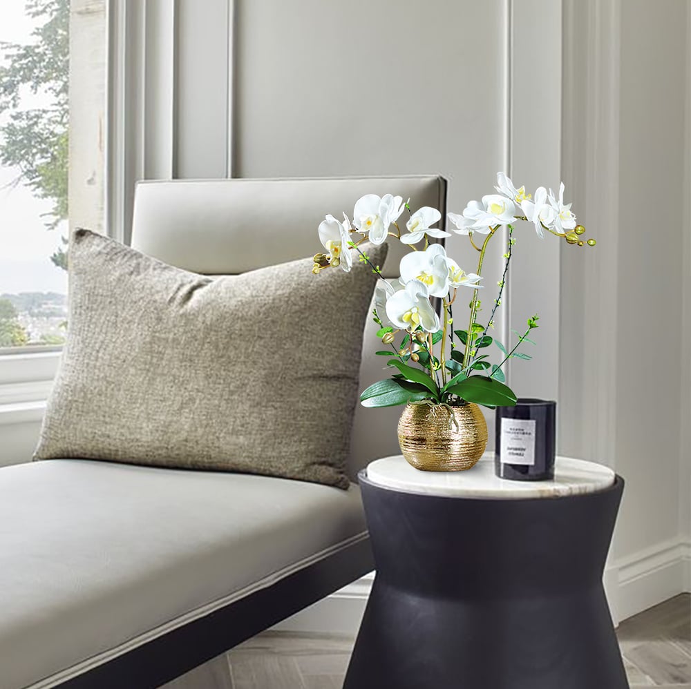 HMR - Artificial Flower Realistic White Orchids in Vase Set Gold Brushed Ceramic Flower Pots