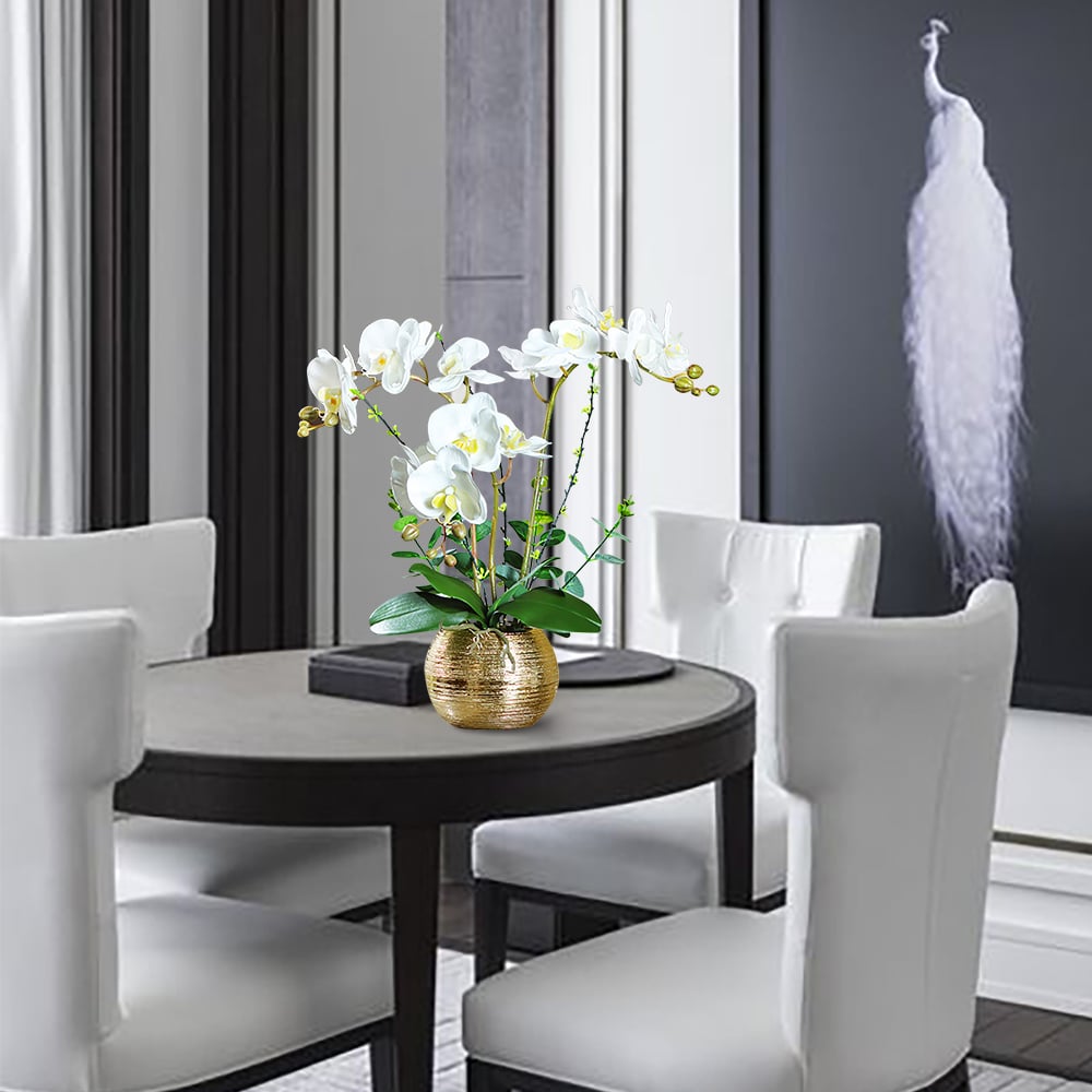HMR - Artificial Flower Realistic White Orchids in Vase Set Gold Brushed Ceramic Flower Pots