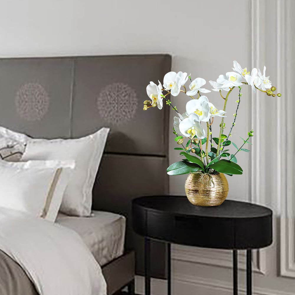 HMR - Artificial Flower Realistic White Orchids in Vase Set Gold Brushed Ceramic Flower Pots