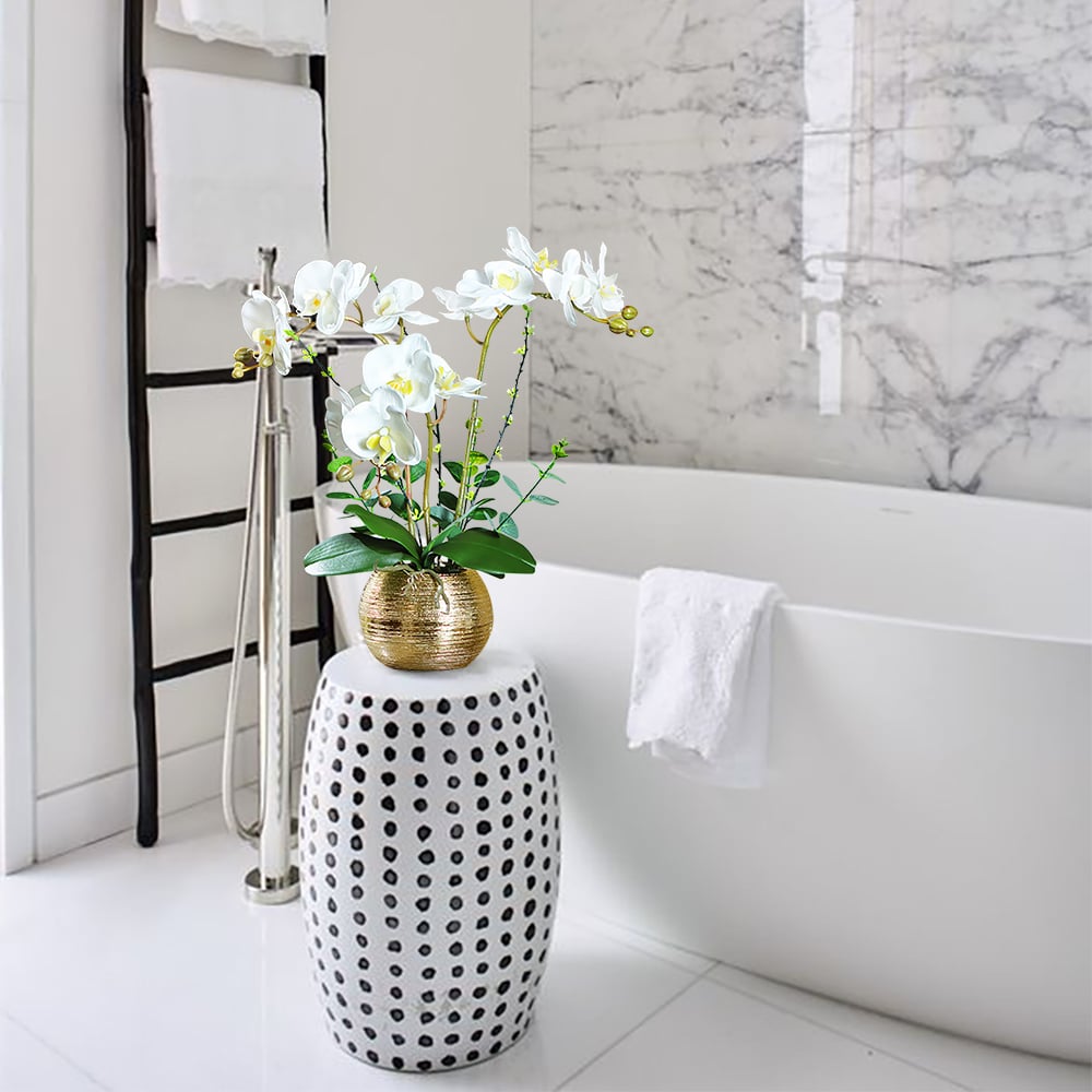 HMR - Artificial Flower Realistic White Orchids in Vase Set Gold Brushed Ceramic Flower Pots