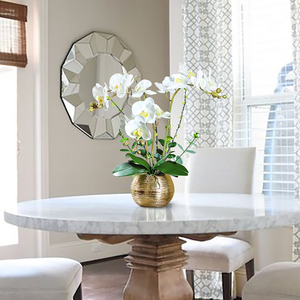 HMR - Artificial Flower Realistic White Orchids in Vase Set Gold Brushed Ceramic Flower Pots