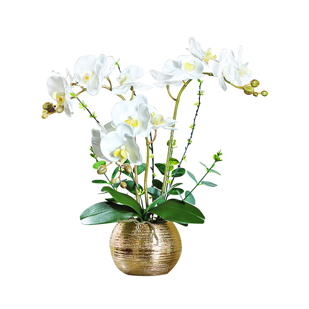 HMR - Artificial Flower Realistic White Orchids in Vase Set Gold Brushed Ceramic Flower Pots
