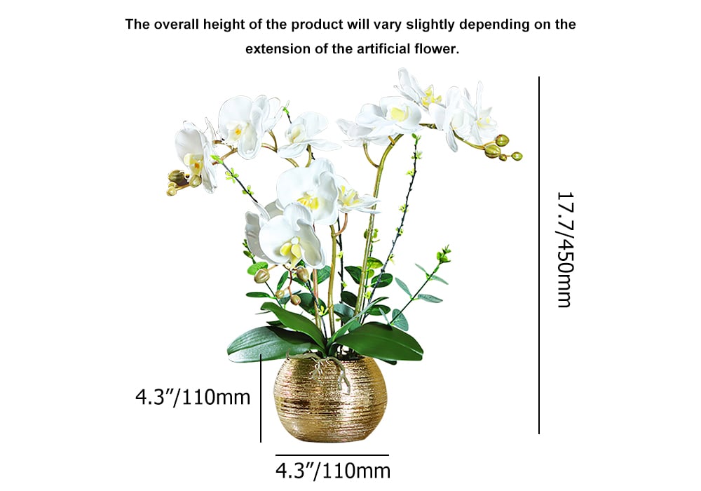 HMR - Artificial Flower Realistic White Orchids in Vase Set Gold Brushed Ceramic Flower Pots
