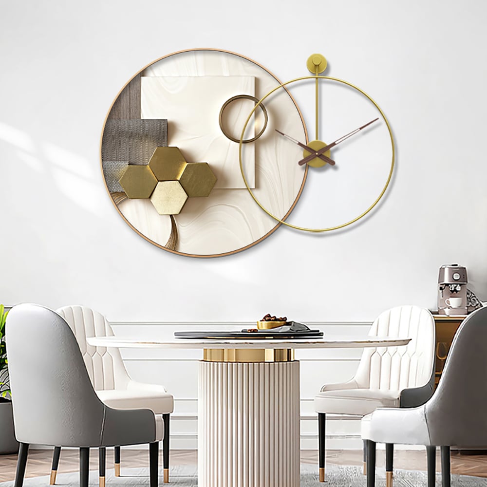 HMR - Modern Gold Round Wall Clock Canvas Painting Decor Art with Wood Pointer Aluminium Frame