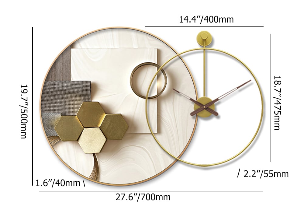 HMR - Modern Gold Round Wall Clock Canvas Painting Decor Art with Wood Pointer Aluminium Frame