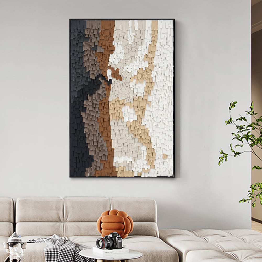 HMR - Abstract Geometric 3D Modern PU Leather Wall Decor Painting Art with Black Metal Frame