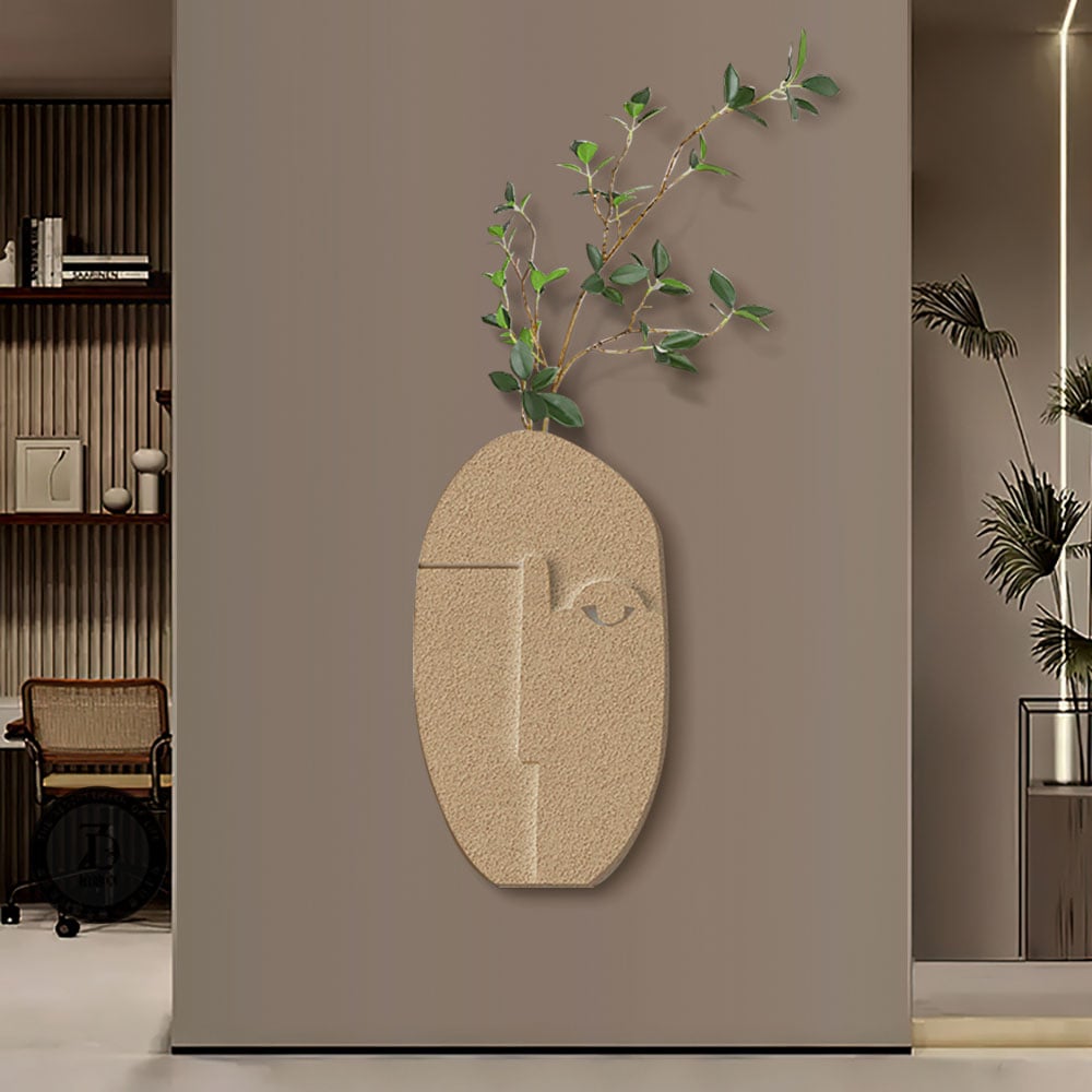 HMR - 3D Abstract Natural Sandstone Handmade Sculpture with Faux Plants Painting Wall Decor