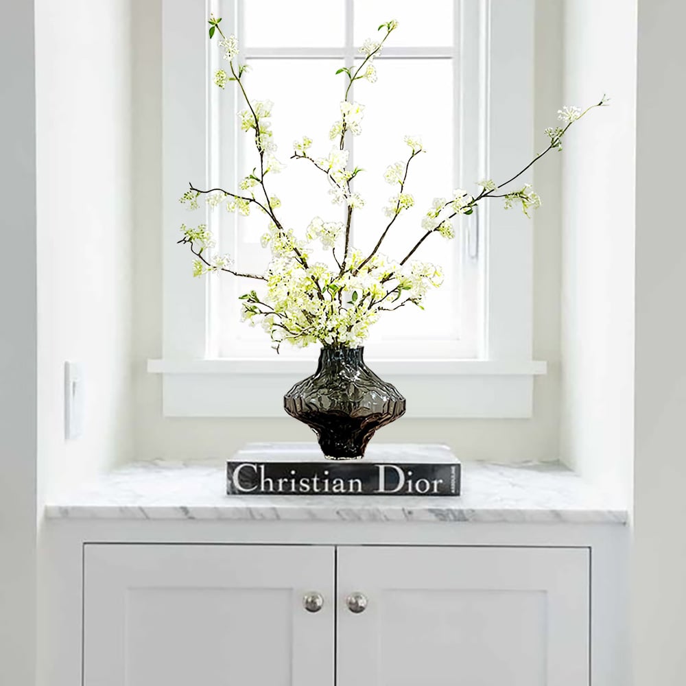 HMR - 5pcs Artificial Cherry Blossom Branches Set with Abstract Vase Desktop Artificial Plant