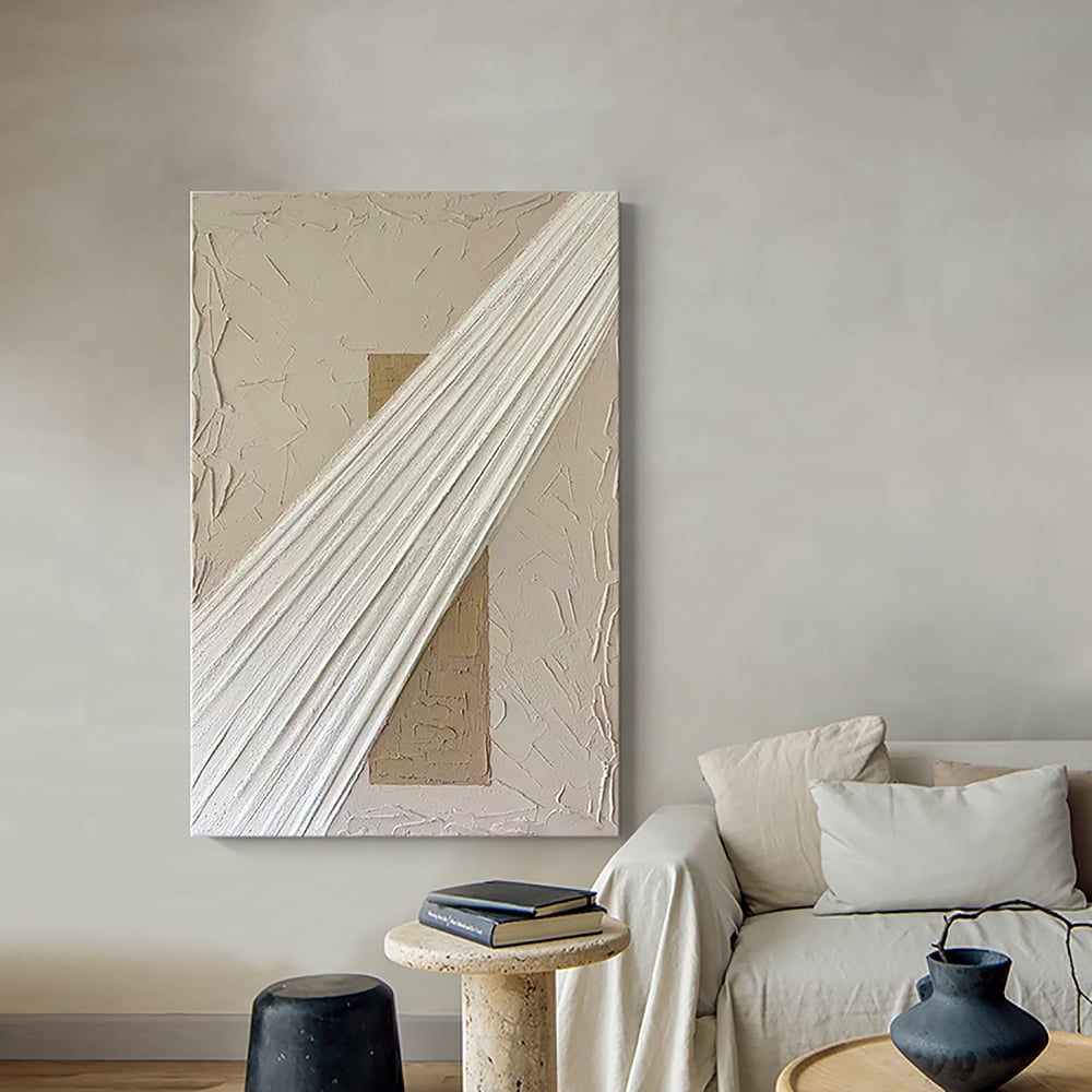 HMR - Japandi Wall Decor for Living Room Rectangle Abstract Art Canvas Painting in White