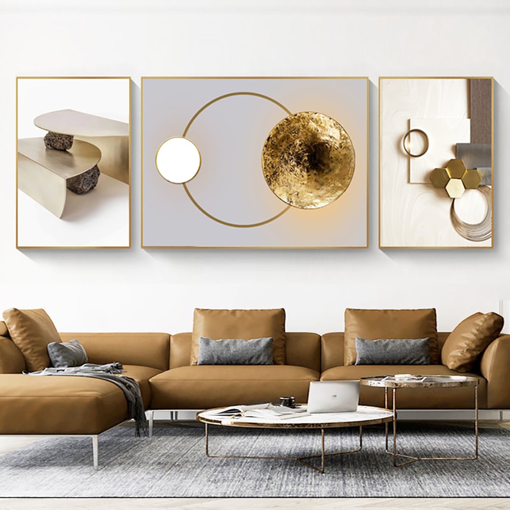 HMR - 3-Pieces Modern Geometric Abstract Wall Decor Set Canvas Print with Frame Living Room