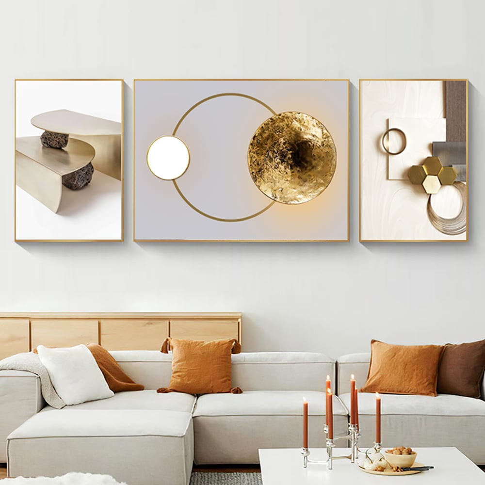 HMR - 3-Pieces Modern Geometric Abstract Wall Decor Set Canvas Print with Frame Living Room
