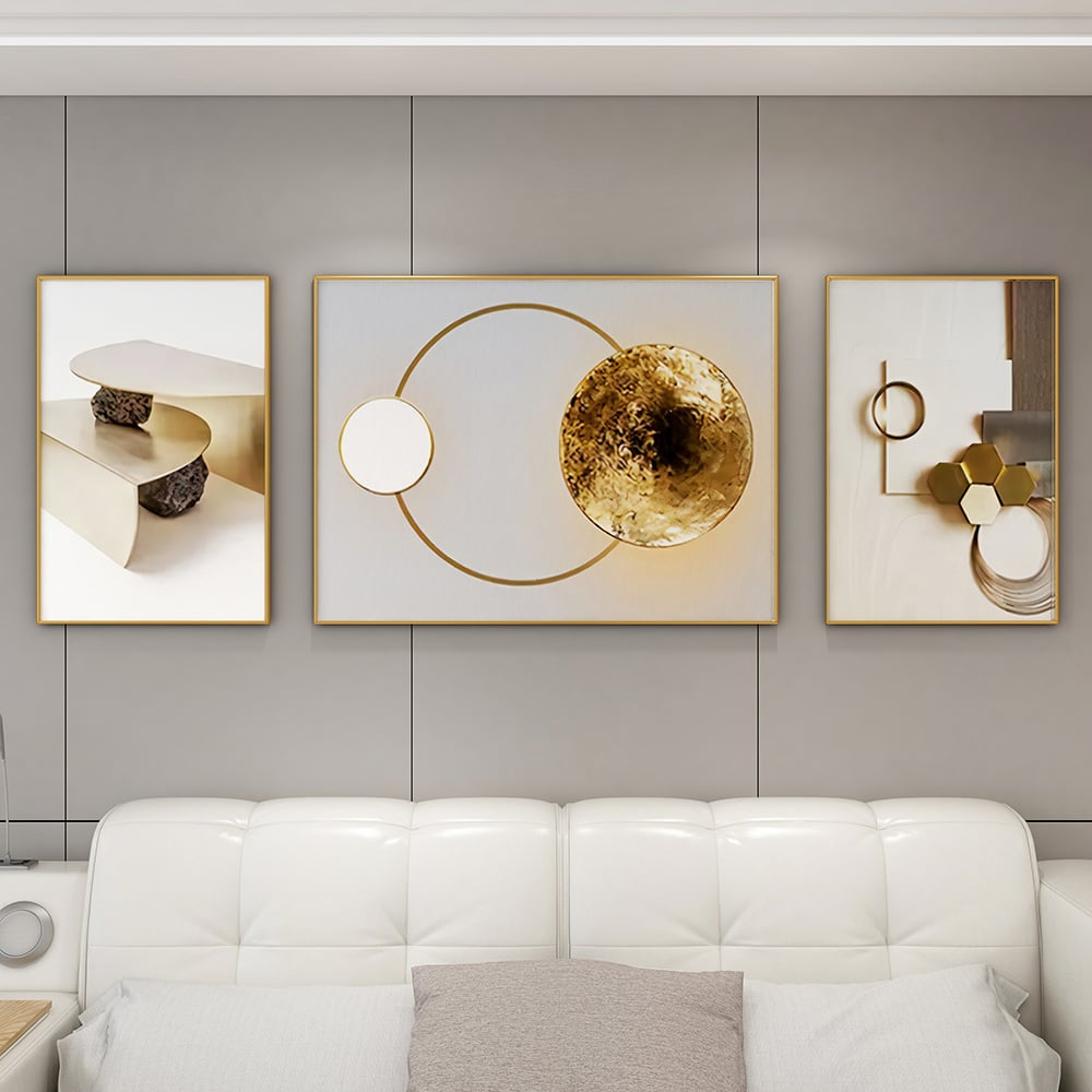 HMR - 3-Pieces Modern Geometric Abstract Wall Decor Set Canvas Print with Frame Living Room