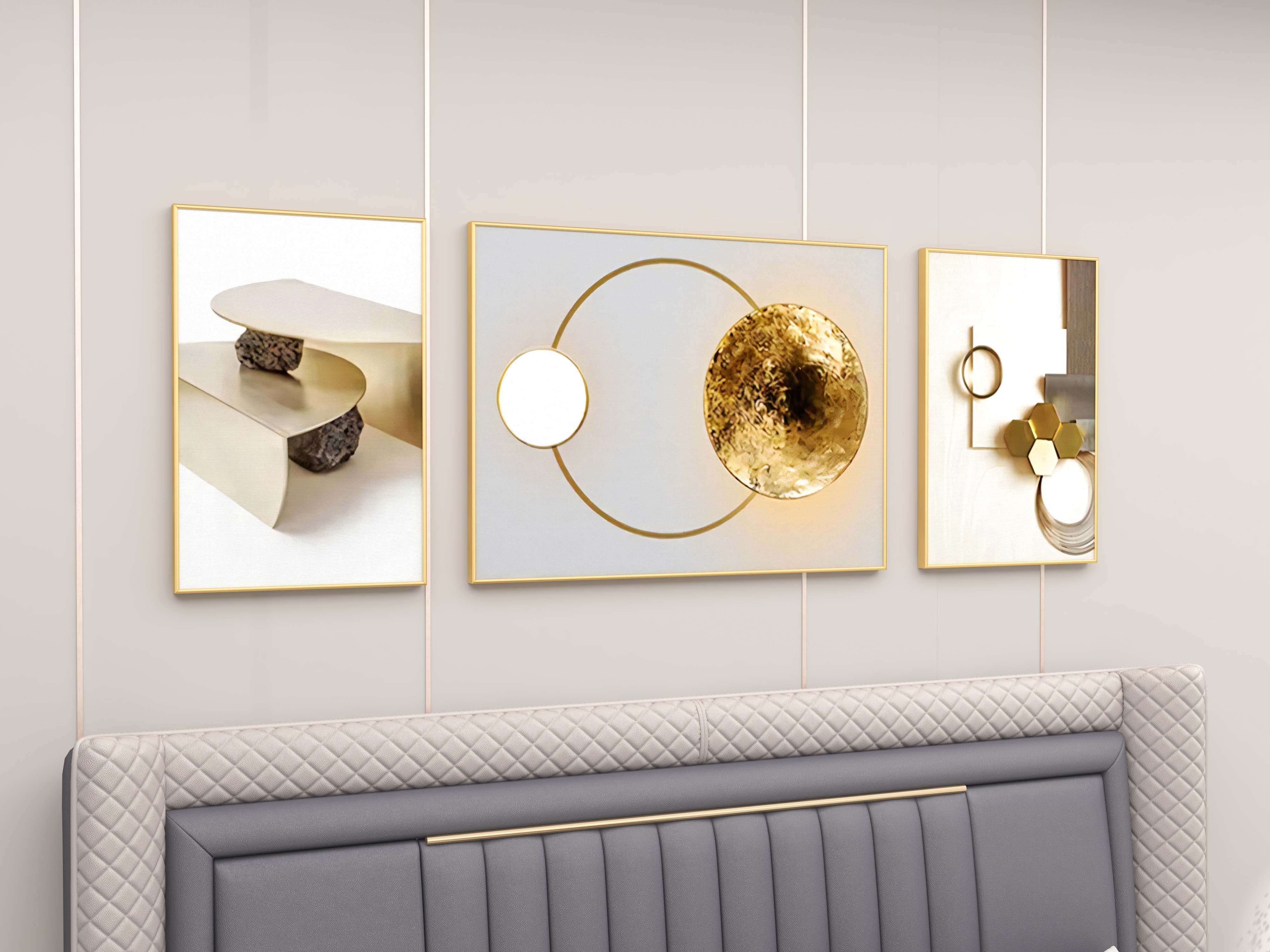 HMR - 3-Pieces Modern Geometric Abstract Wall Decor Set Canvas Print with Frame Living Room
