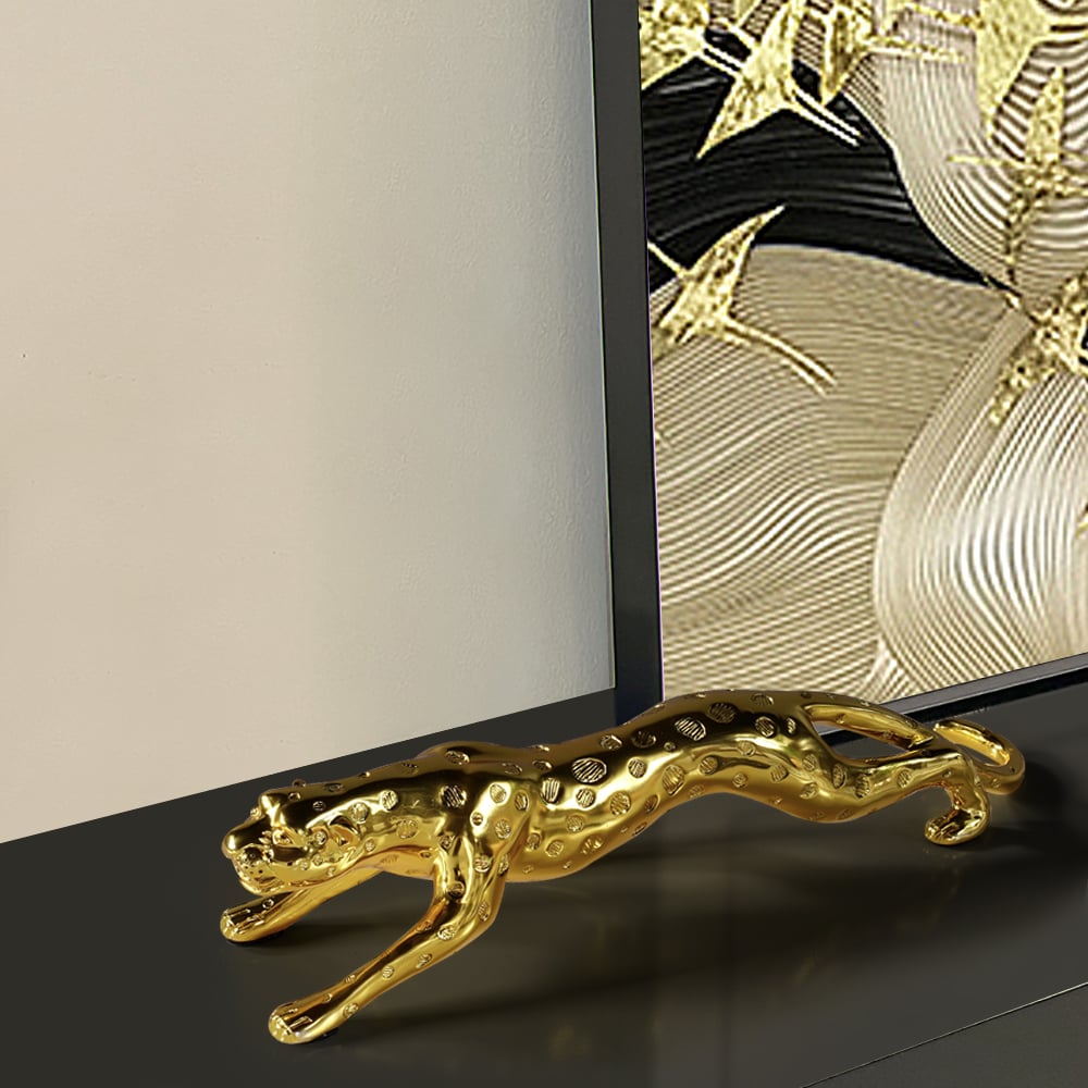HMR - 16.9" Gold Leopard Sculpture Panther Statue Resin Ornament Decor Art Living Room Bedroom