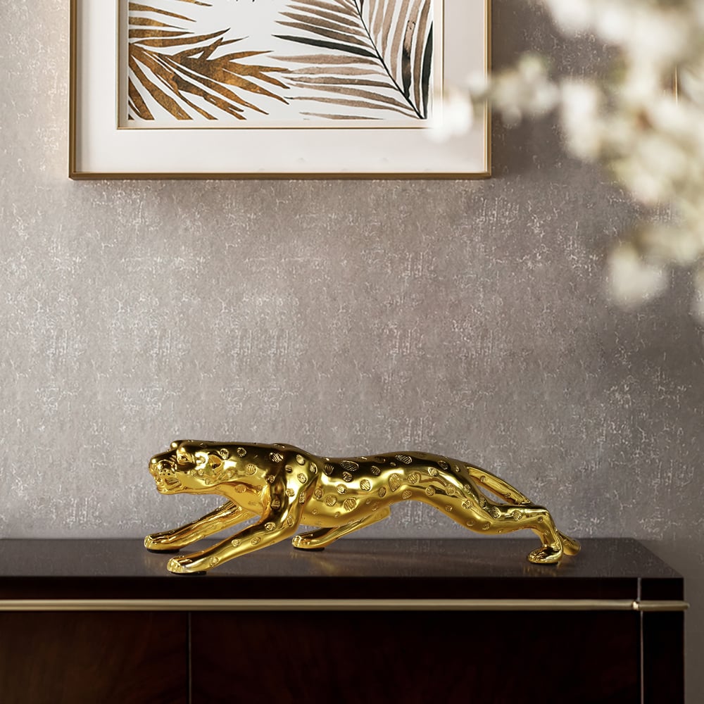 HMR - 16.9" Gold Leopard Sculpture Panther Statue Resin Ornament Decor Art Living Room Bedroom