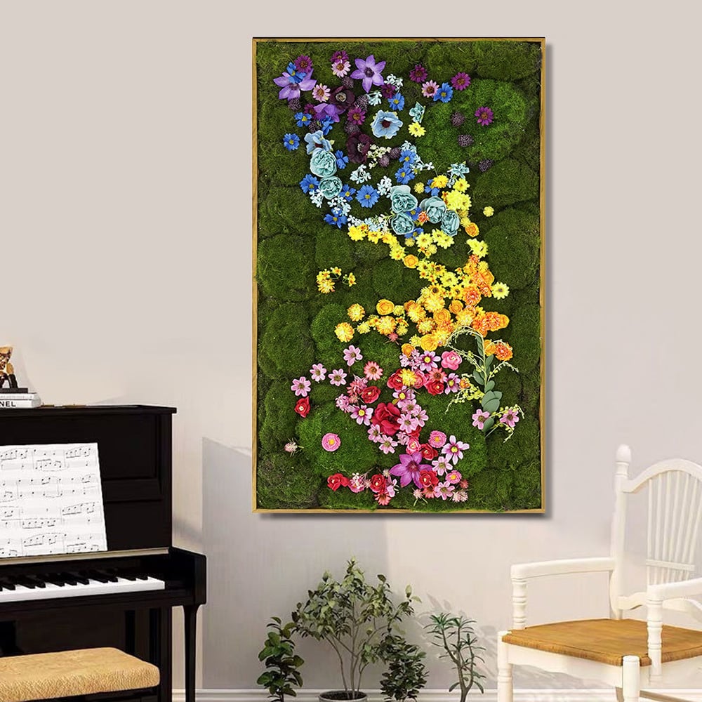 HMR - 3D Preserved Moss Flower Wall Art Hanging Rainbow Floral Wall Decor with Wood Frame