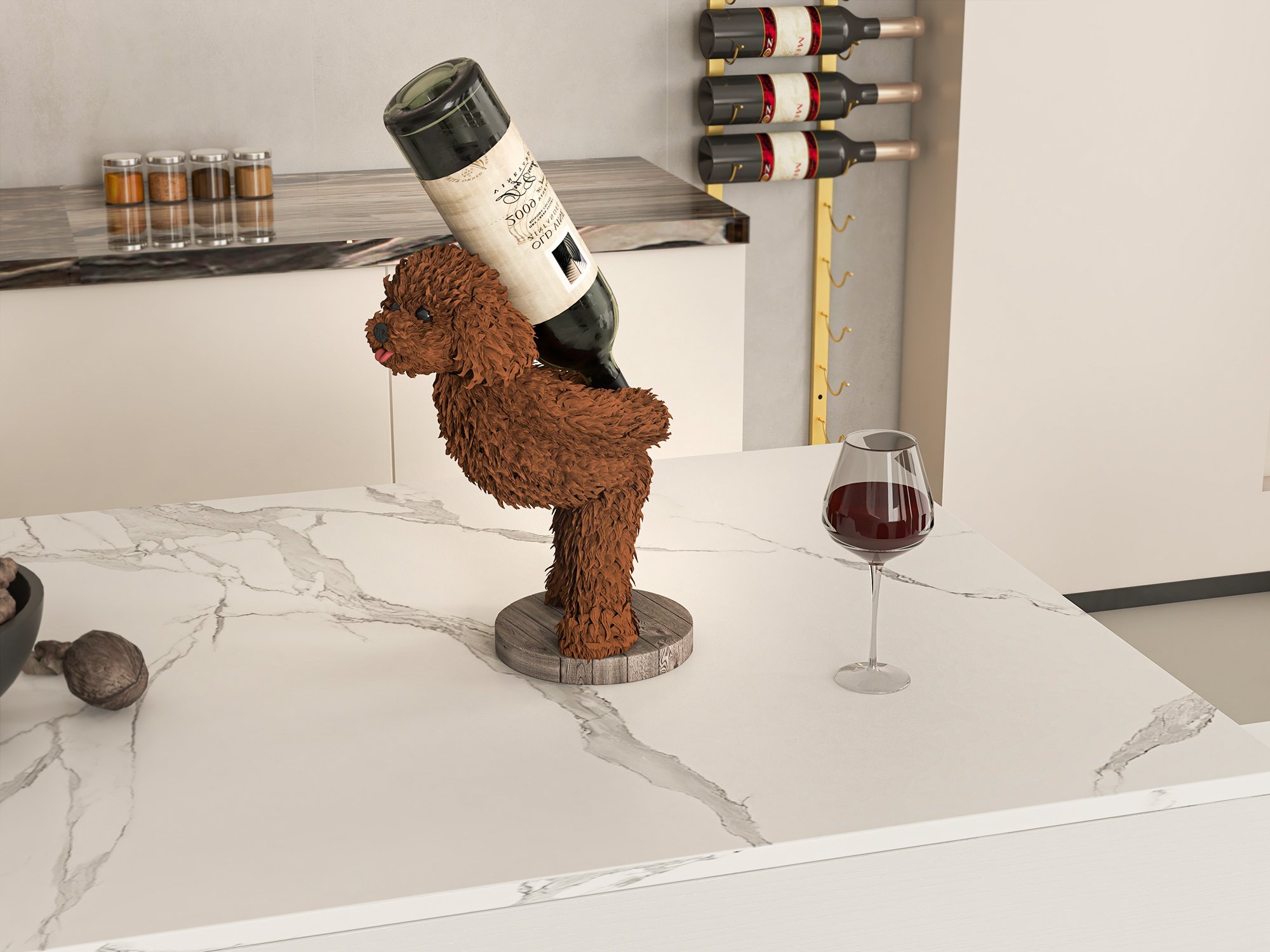 HMR - Modern Wine Rack Brown Resin Teddy Dog Decorative Countertop Wine Bottle Holder
