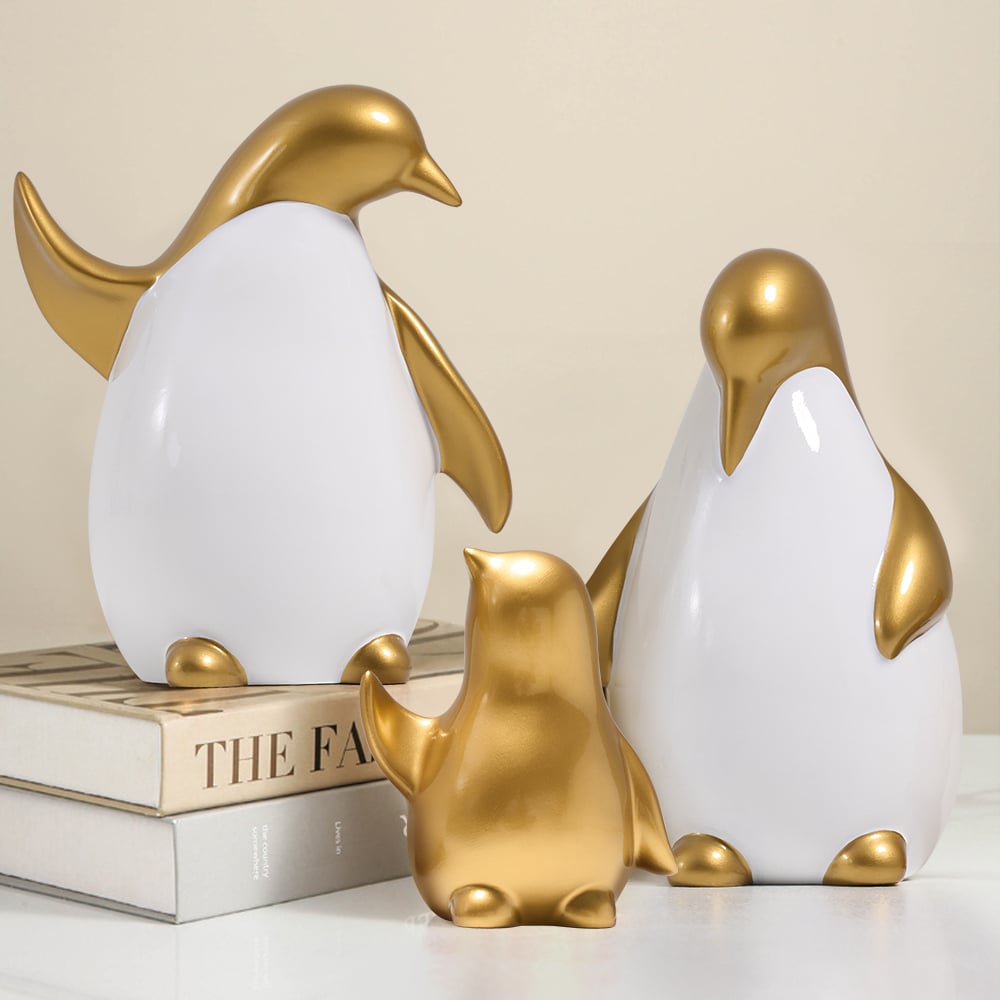 HMR - Modern Desktop White & Gold Penguins Set of 3