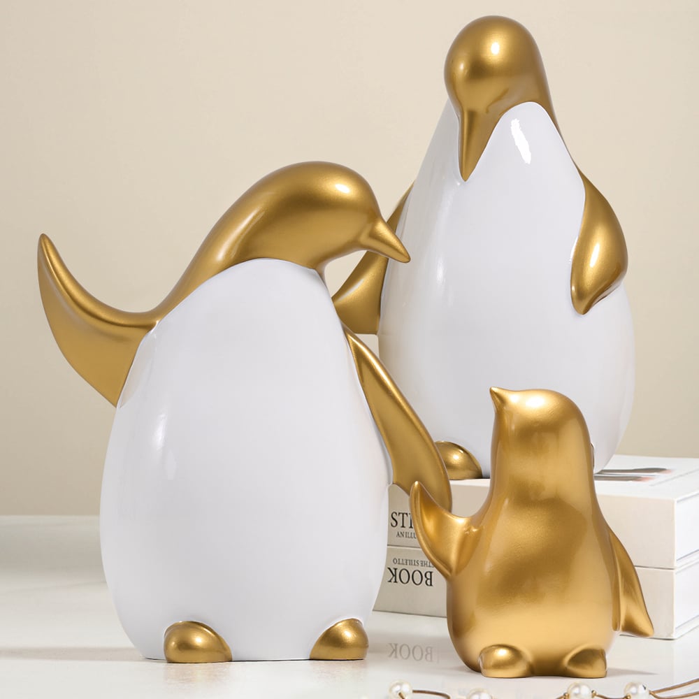HMR - Modern Desktop White & Gold Penguins Set of 3