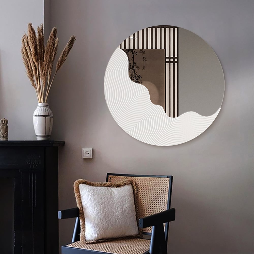 HMR - 23.6" Round White Japandi Wave Textured Wall Mirror Decor Art Living Room Bedroom