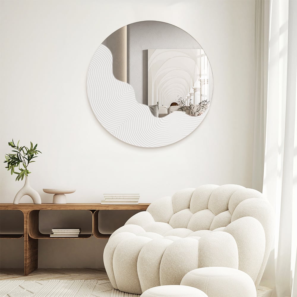 HMR - 23.6" Round White Japandi Wave Textured Wall Mirror Decor Art Living Room Bedroom