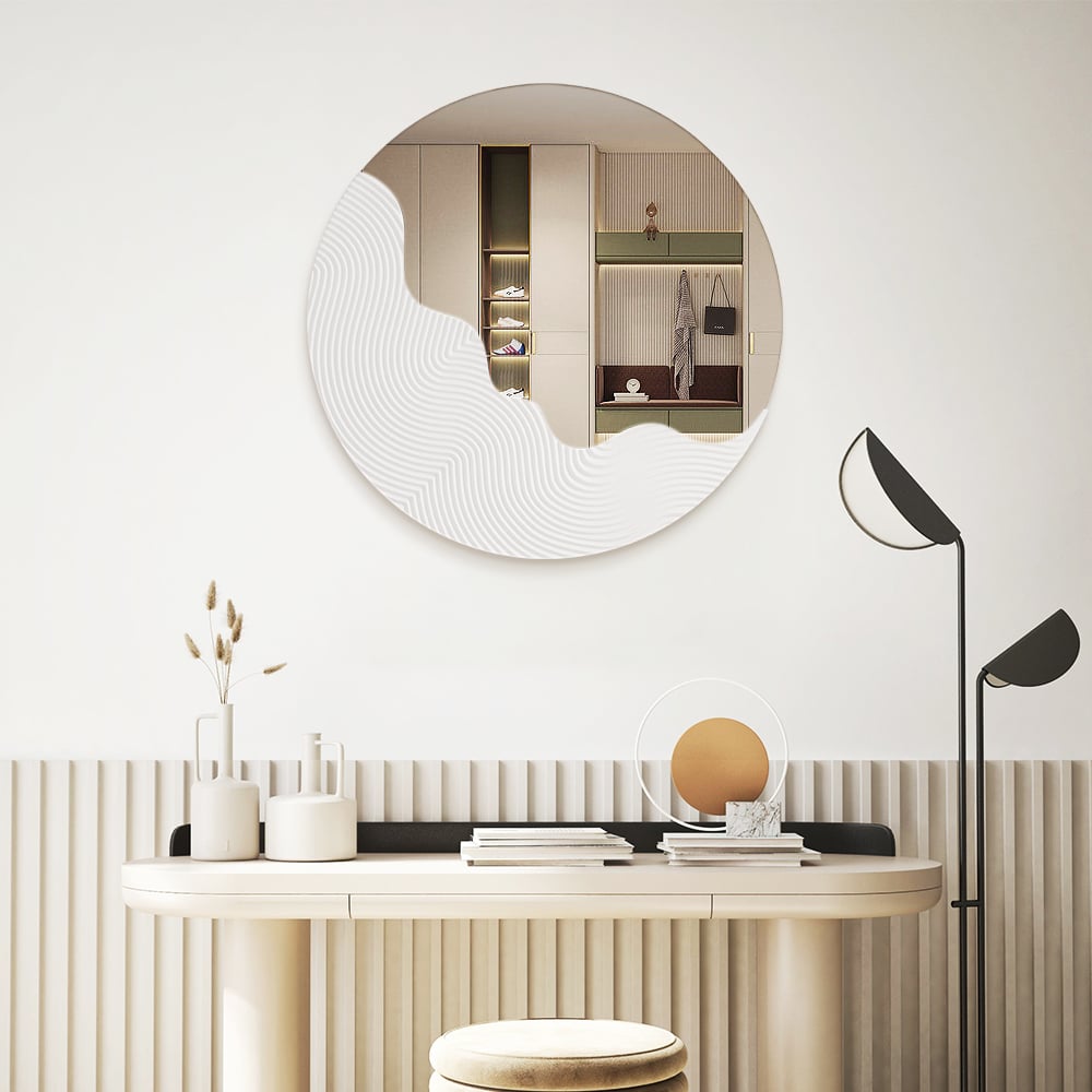 HMR - 23.6" Round White Japandi Wave Textured Wall Mirror Decor Art Living Room Bedroom