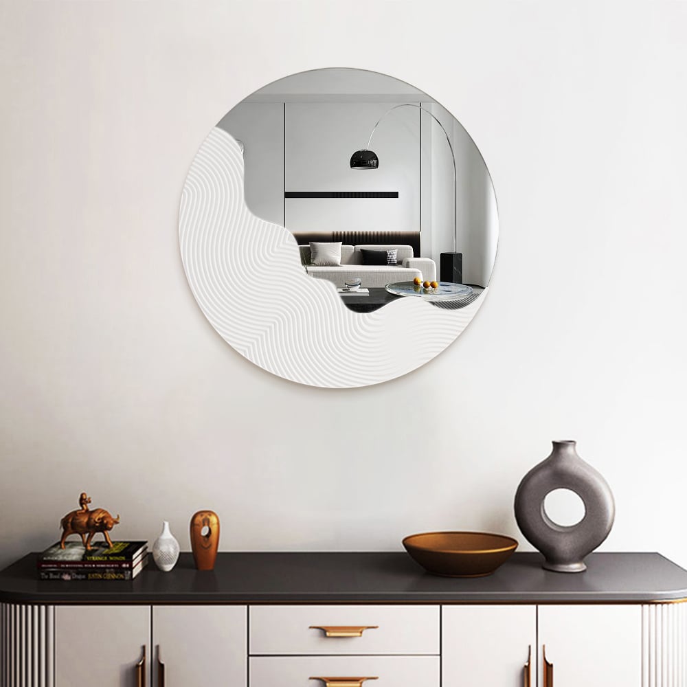 HMR - 23.6" Round White Japandi Wave Textured Wall Mirror Decor Art Living Room Bedroom