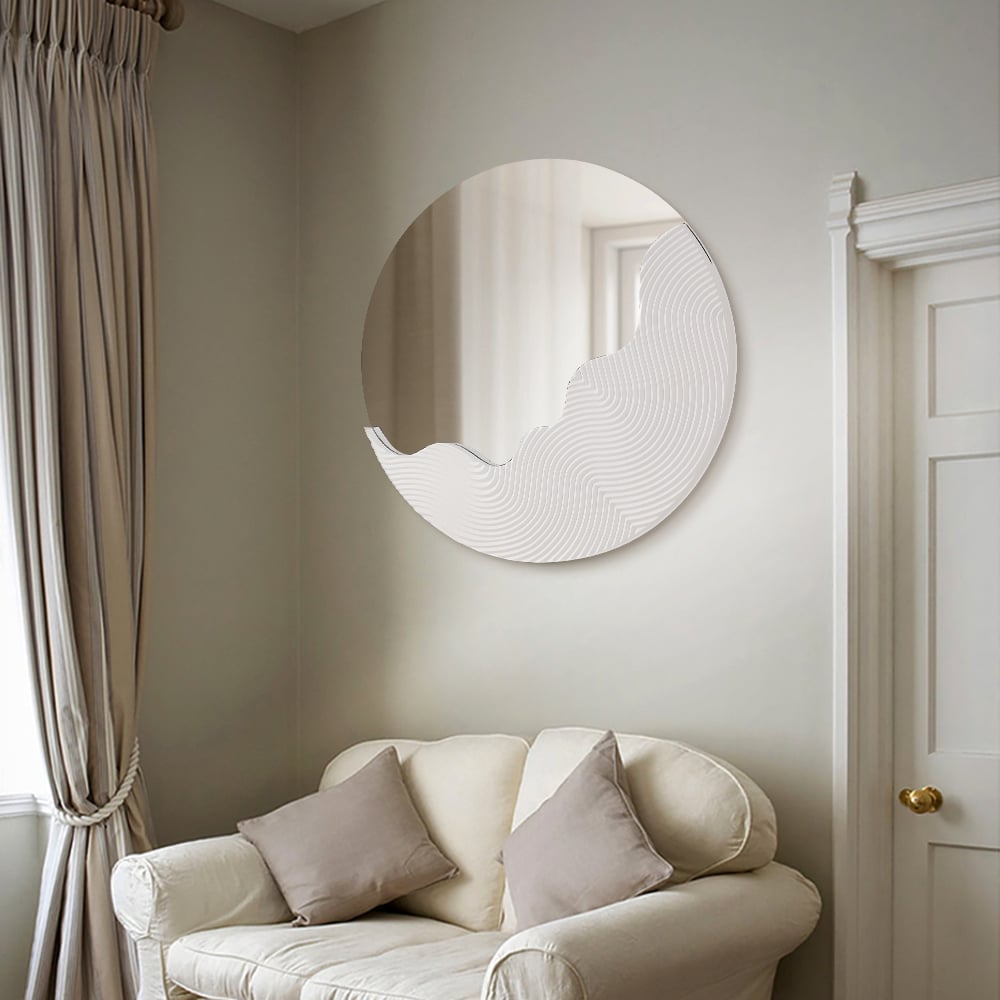 HMR - 23.6" Round White Japandi Wave Textured Wall Mirror Decor Art Living Room Bedroom