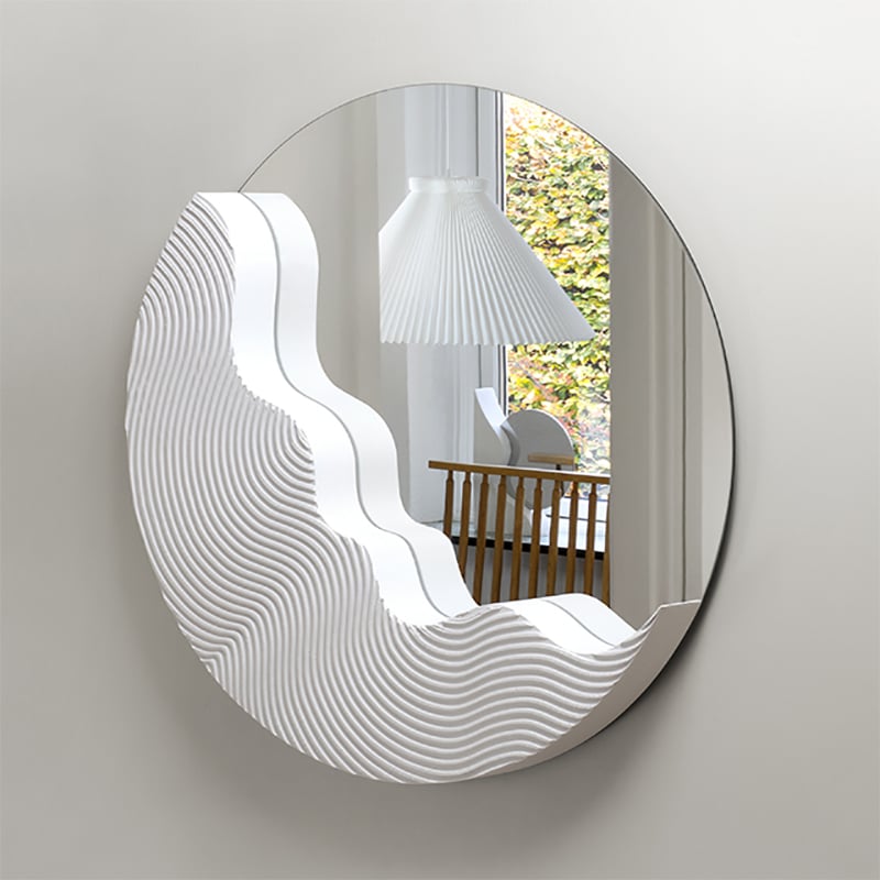 HMR - 23.6" Round White Japandi Wave Textured Wall Mirror Decor Art Living Room Bedroom