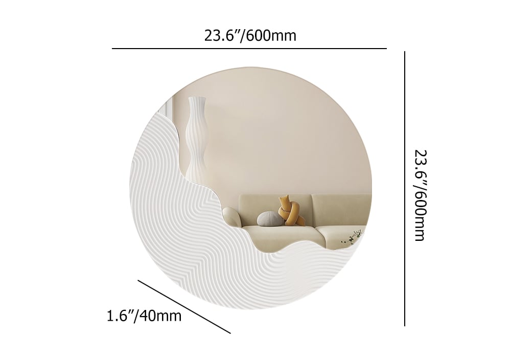 HMR - 23.6" Round White Japandi Wave Textured Wall Mirror Decor Art Living Room Bedroom