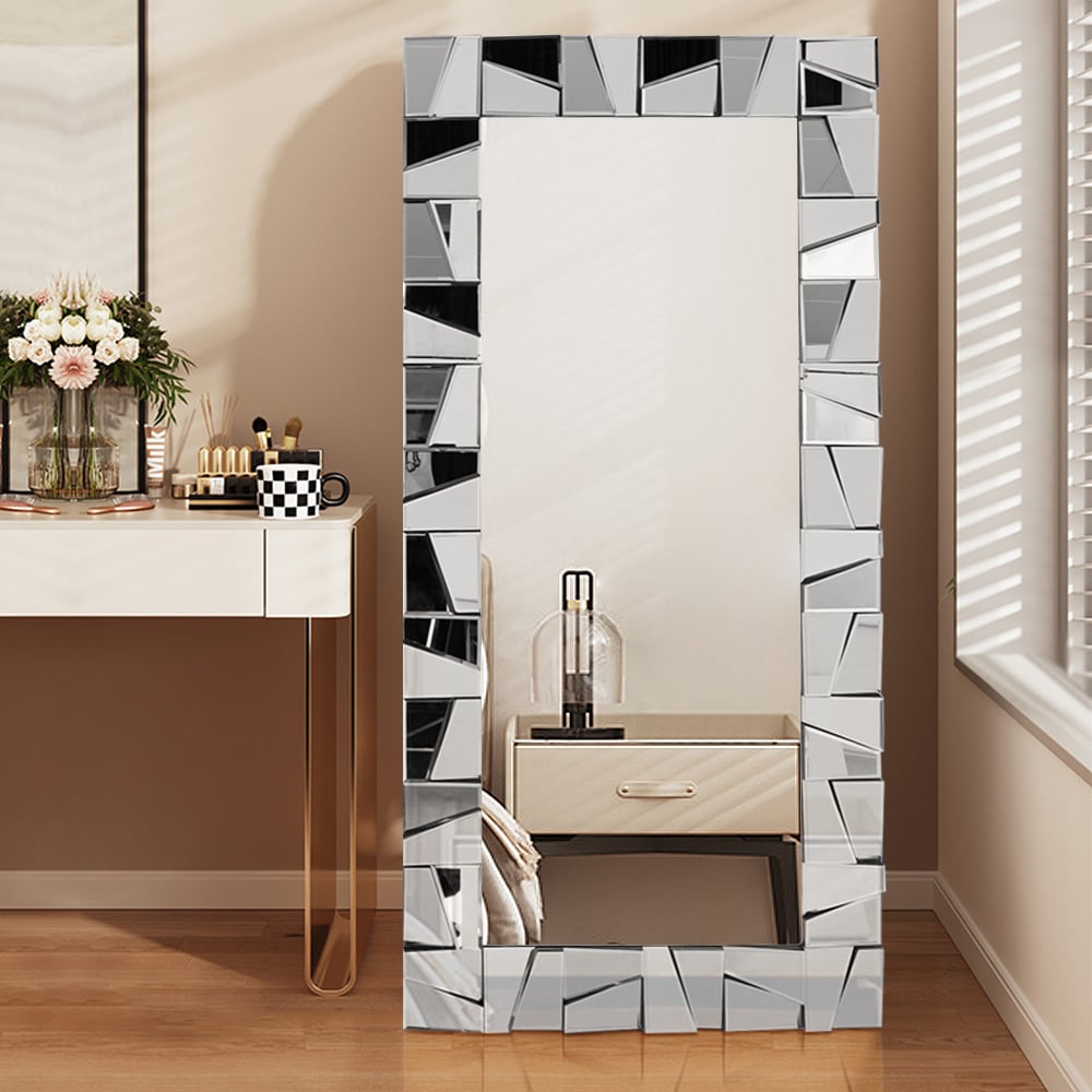 HMR 31.5" x 63" Oversized Glam Rectangle Full Length Floor Mirror 3D Glass Frame - Silver