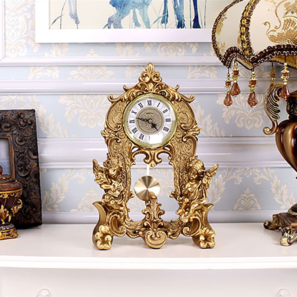 HMR - Traditional Vintage Gold Resin Angel Table Clock With Exquisitely Carved Pendulum Clock