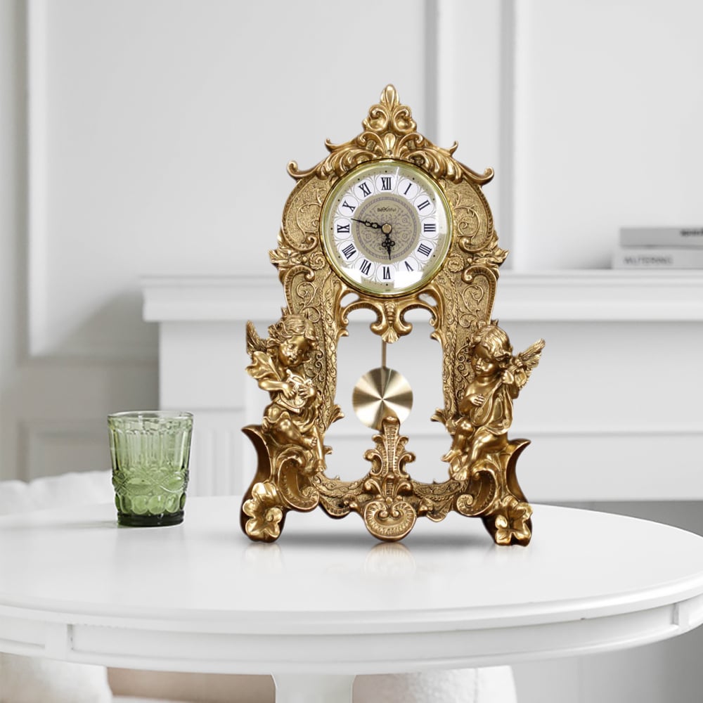 HMR - Traditional Vintage Gold Resin Angel Table Clock With Exquisitely Carved Pendulum Clock