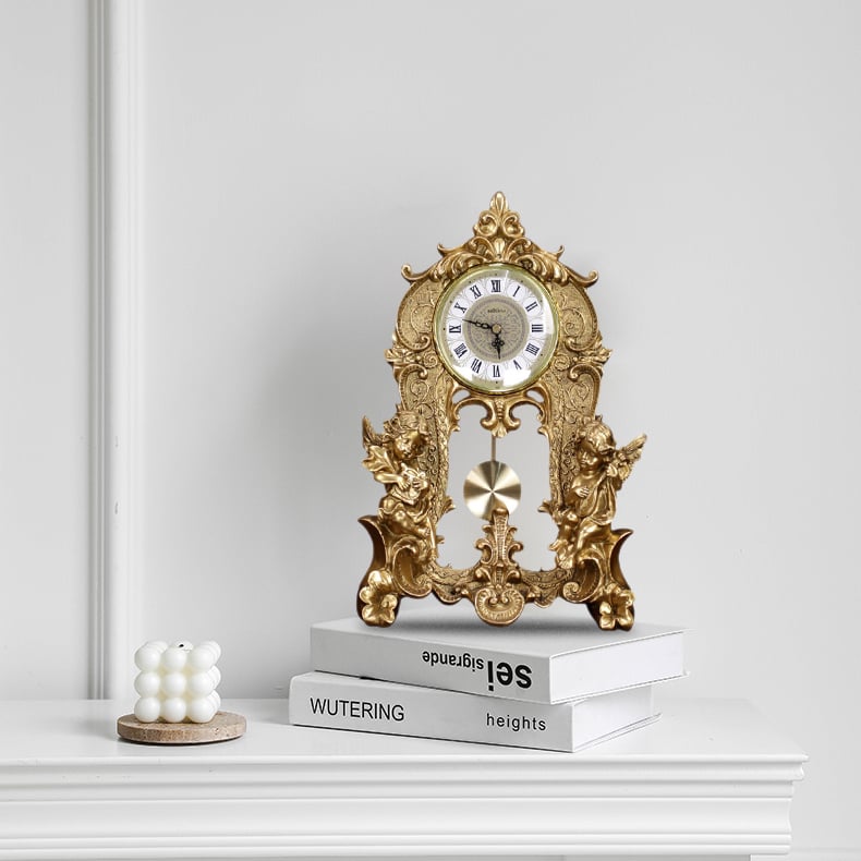 HMR - Traditional Vintage Gold Resin Angel Table Clock With Exquisitely Carved Pendulum Clock