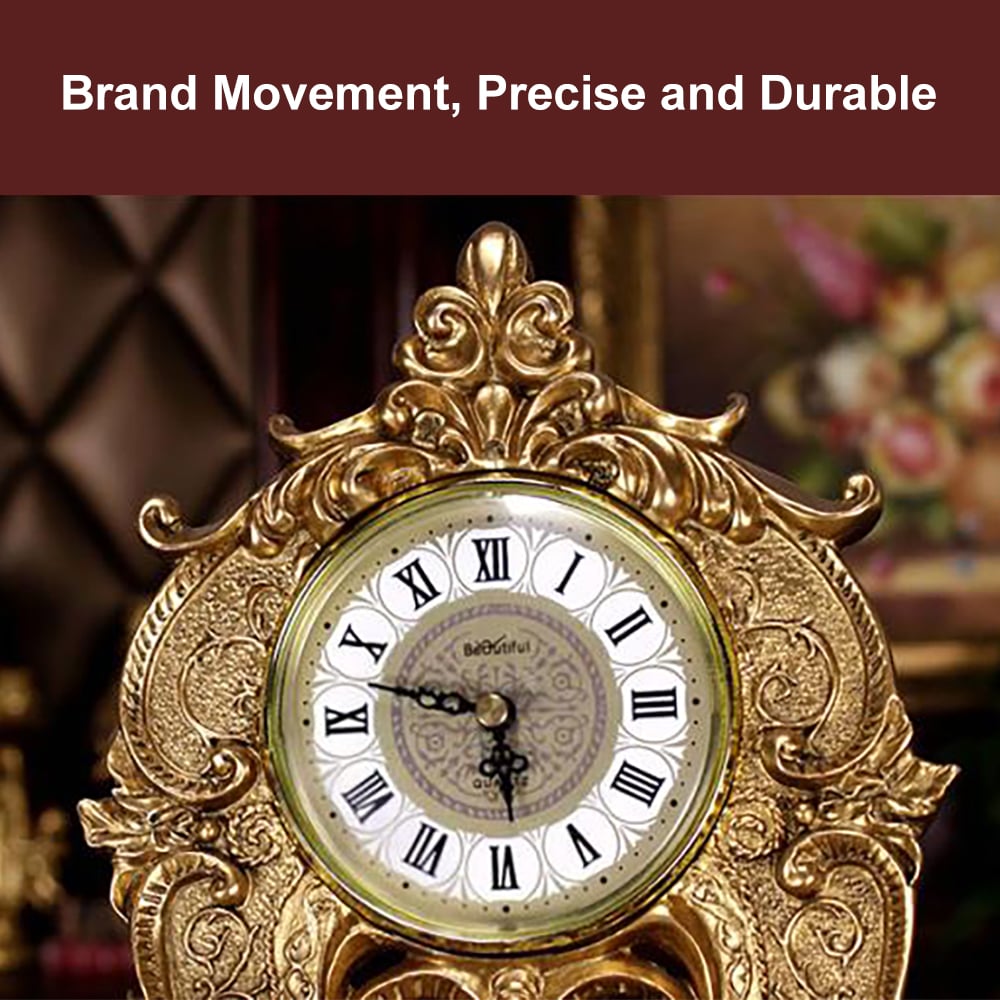 HMR - Traditional Vintage Gold Resin Angel Table Clock With Exquisitely Carved Pendulum Clock