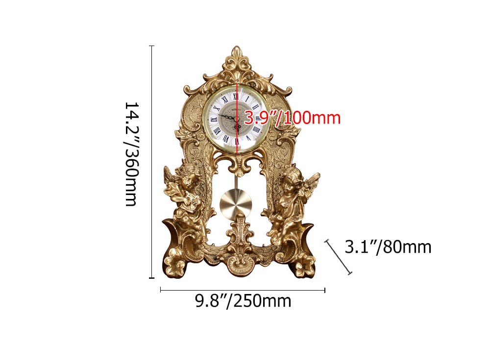 HMR - Traditional Vintage Gold Resin Angel Table Clock With Exquisitely Carved Pendulum Clock