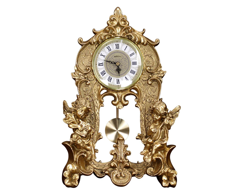 HMR - Traditional Vintage Gold Resin Angel Table Clock With Exquisitely Carved Pendulum Clock