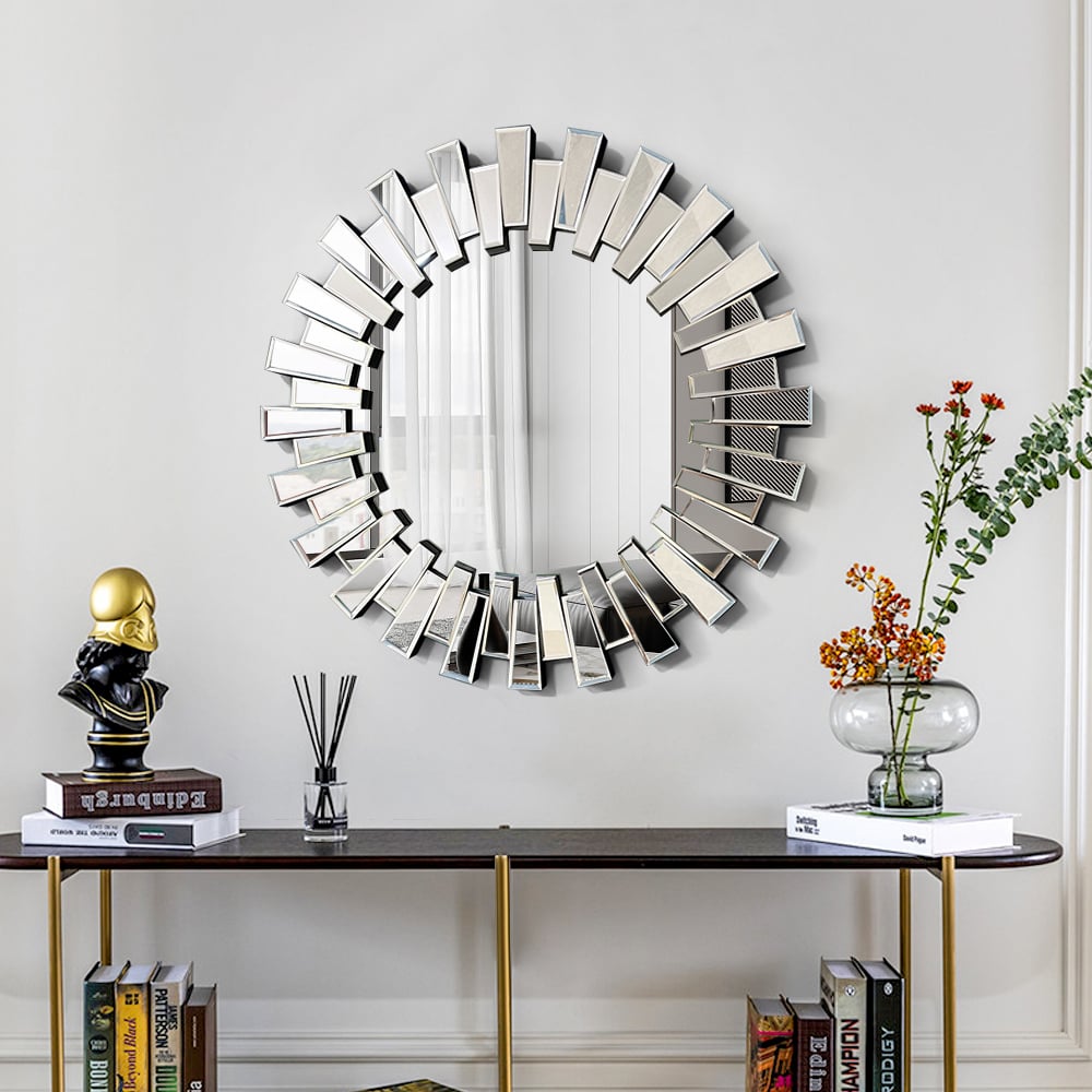 HMR - 25.6" Modern Silver Round Sun Wall Mirror Decor Art with Geometric Frame Living Room