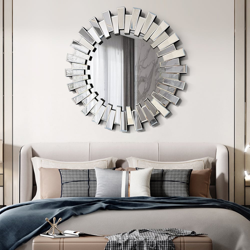 HMR - 25.6" Modern Silver Round Sun Wall Mirror Decor Art with Geometric Frame Living Room