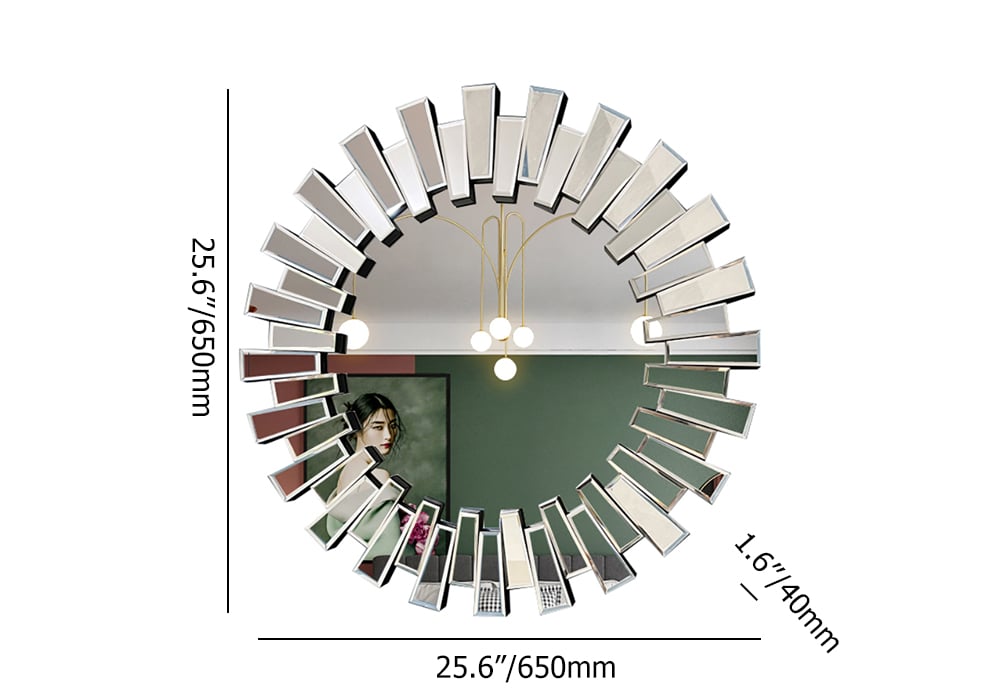 HMR - 25.6" Modern Silver Round Sun Wall Mirror Decor Art with Geometric Frame Living Room