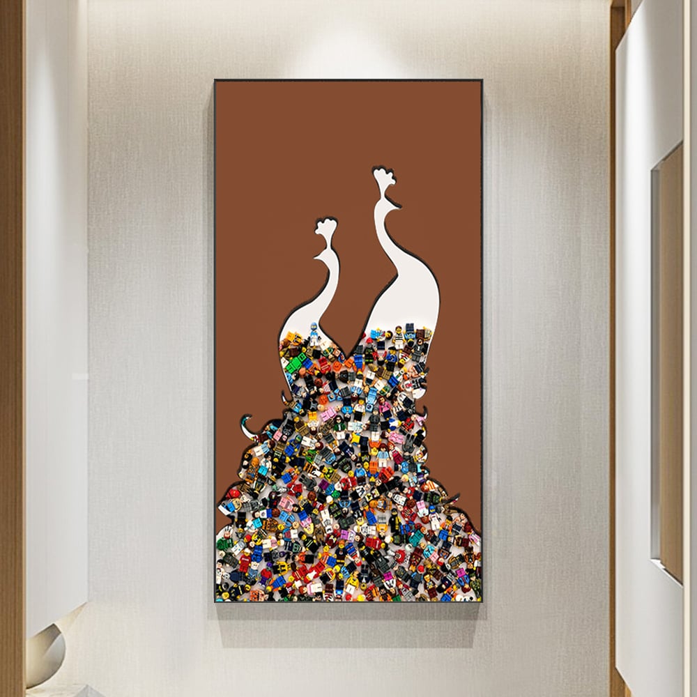 HMR - 39.4" Rectangle Peacock Building Blocks Wall Art Decor with Aluminum Frame Living Room