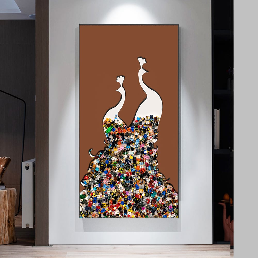 HMR - 39.4" Rectangle Peacock Building Blocks Wall Art Decor with Aluminum Frame Living Room