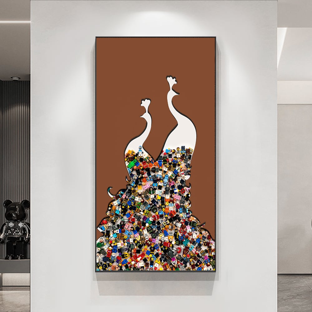 HMR - 39.4" Rectangle Peacock Building Blocks Wall Art Decor with Aluminum Frame Living Room