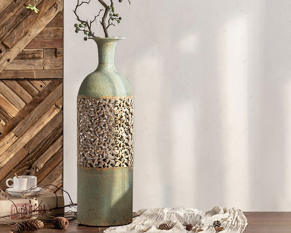 HMR French Country Large Metal Floor Vase Tall Home Geometric Decor Art - Green & White, 7.9"W x 7.9"D x 26.4"H
