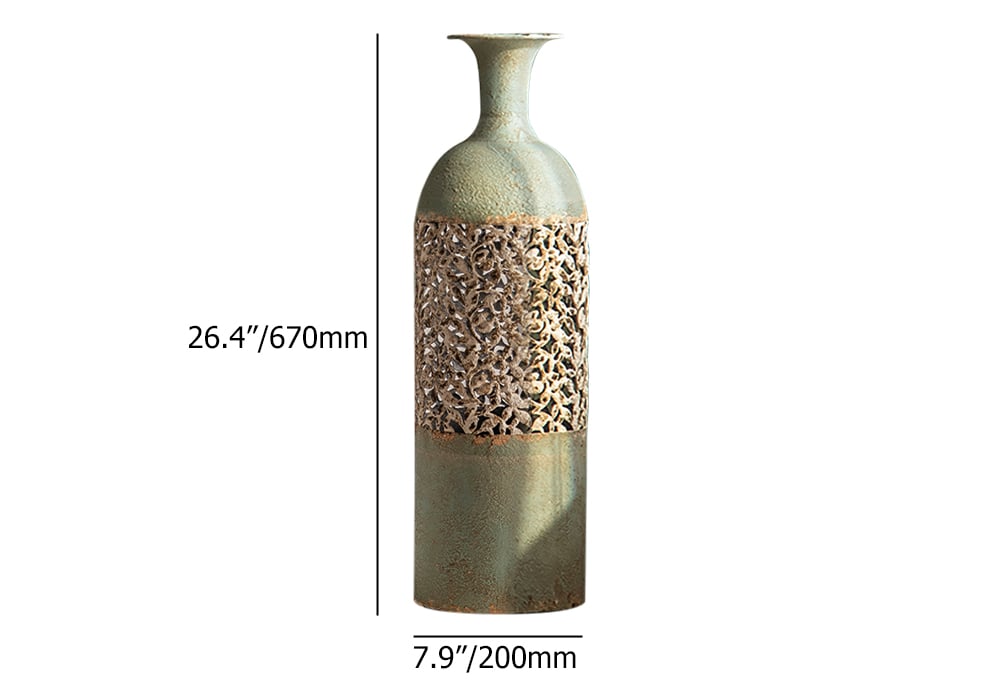 HMR French Country Large Metal Floor Vase Tall Home Geometric Decor Art - Green & White, 7.9"W x 7.9"D x 26.4"H